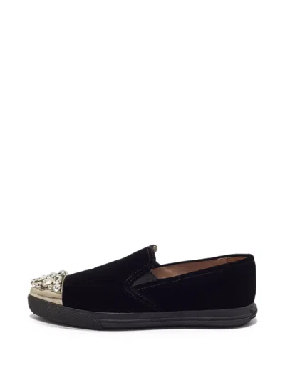 Pre-owned Miu Miu Crystal-embellished Velvet Smoking Loafers In Black