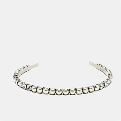 Pre-owned Miu Miu Crystals Faux Pearl Silver Tone Head Band