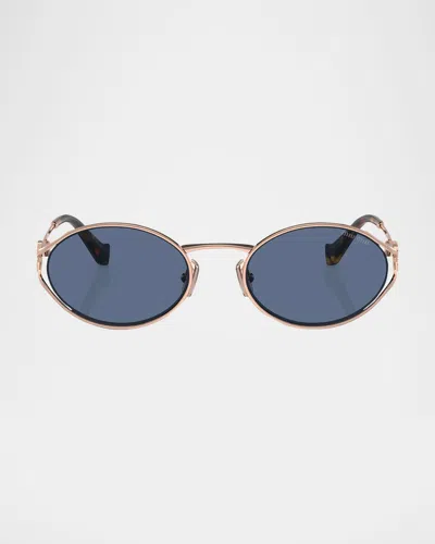 Miu Miu Womens Pink Mu 52ys Round-frame Branded-arm Metal Sunglasses In Dark Blue