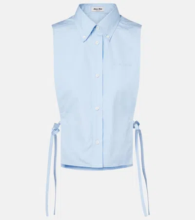 Miu Miu Cutout Cropped Cotton Poplin Shirt In Blue