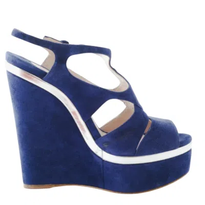 Pre-owned Miu Miu Cut-out Wedge Platform Sandals In Blue Suede - '10s