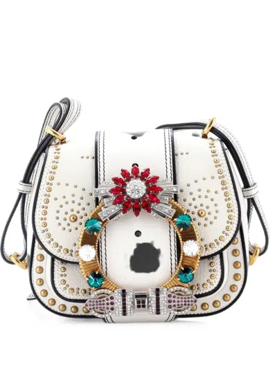Pre-owned Miu Miu Dahlia Crystal Embellished Leather Small Crossbody Bag In White