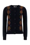 Miu Miu Diamond Knit Cardigan With Ribbed Finish In Blue
