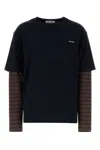 Miu Miu Layered Top With Striped Sleeves And Classic Crew Neckline In Black