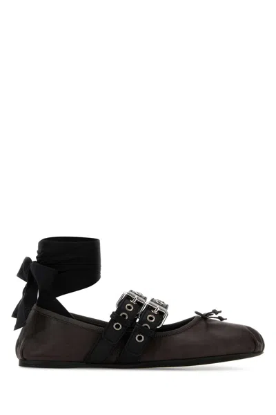 Miu Miu Dark Brown Leather Ballerinas In Black