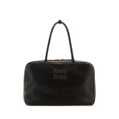 Miu Miu Dark Brown Leather Handbag In Black