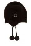 Miu Miu Knit Hat With Ear Flaps And Pom-poms In Brown