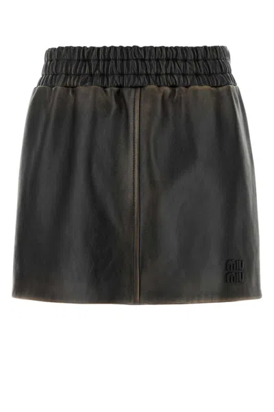 MIU MIU DARK BROWN NAPPA LEATHER MINI SKIRT