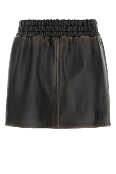 MIU MIU MIU MIU DARK BROWN NAPPA LEATHER MINI SKIRT