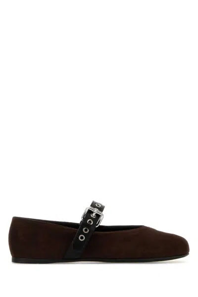 Miu Miu Dark Brown Suede Ballerinas In Black