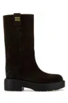 Miu Miu Logo Lettering Mid-calf Suede Boots In Brown
