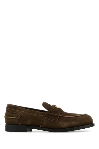 Miu Miu Logo Embossed Calf Leather Loafers In Brown