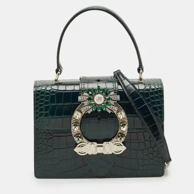 Pre-owned Miu Miu Dark Green Croc Embossed Leather Crystals Embellished Buckle Flap Top Handle Bag