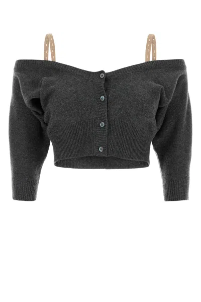 Miu Miu Cashmere Cardigan Off Shoulder Cropped Ribbed Hem In Gray