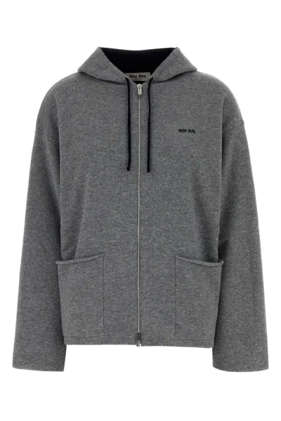Miu Miu Cashmere Hooded Sweatshirt Front Pockets In Gray