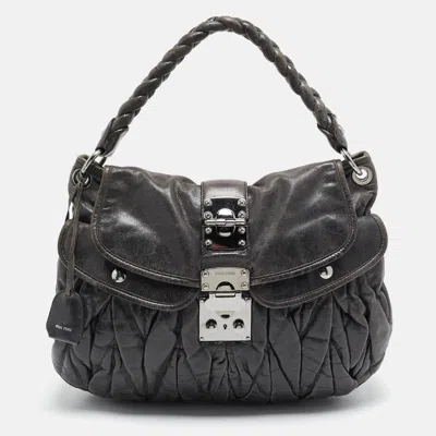 Pre-owned Miu Miu Dark Grey Matelassé Leather Coffer Hobo