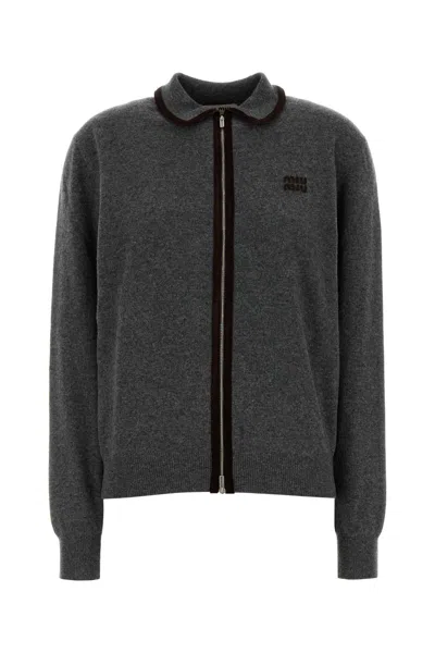 Miu Miu Dark Grey Wool Blend Cardigan In Multi