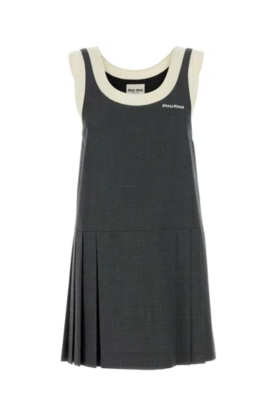 Miu Miu Dark Grey Wool Mini Dress In Gray