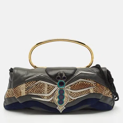 Pre-owned Miu Miu Dark Grey/blue Leather Suede And Python Spider Clutch Bag
