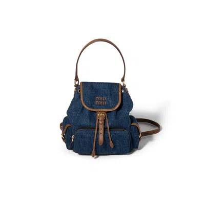 Miu Miu Denim And Leather Backpack In Blue/oak