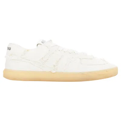 Pre-owned Miu Miu Denim Beige Raw Cut Frayed Canvas Skateboard Sneakers Eu37 In Brown