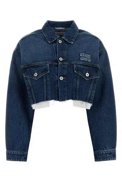 Miu Miu Denim Blouson Cropped Jacket In Blue