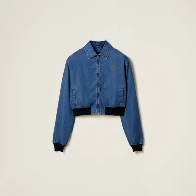 Miu Miu Logo-embroidered Zip-up Denim Jacket In Blue