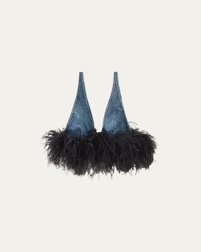 MIU MIU DENIM BRA TOP WITH FEATHER