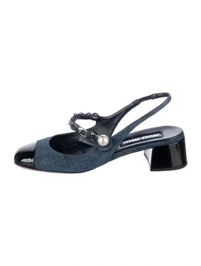 Pre-owned Miu Miu Denim Chain-link Accents Slingback Flats In Blue