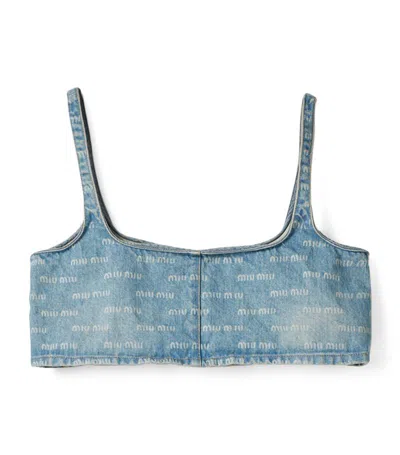 Miu Miu Logo-print Denim Crop Top In Blue