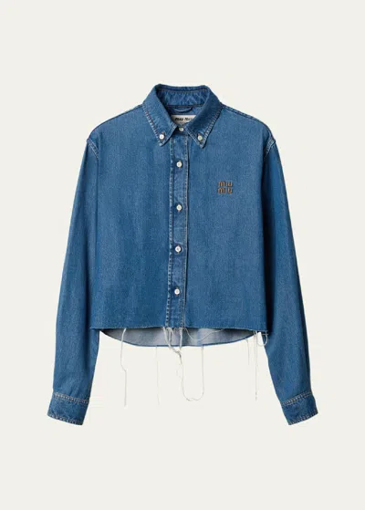 Miu Miu Denim Cropped Collared Button Down Shirt In F0008 Bleu