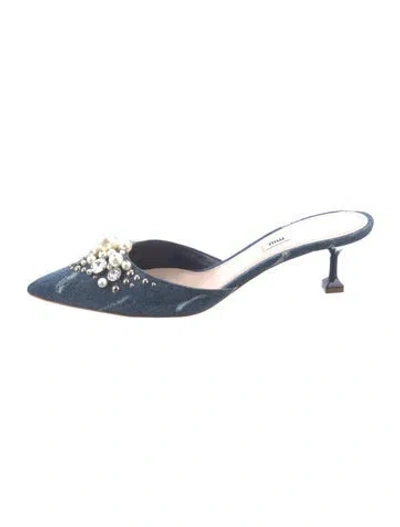 Pre-owned Miu Miu Denim Crystal Embellishments Mules In Blue