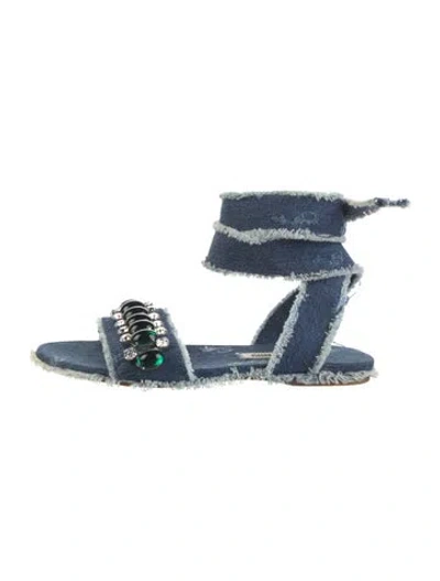 Pre-owned Miu Miu Denim Crystal Slides Denim Sandals In Blue