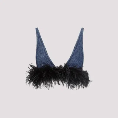 MIU MIU DENIM FEATHERS EMBELLISHMENT TOP