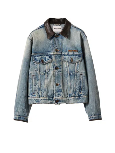Miu Miu Leather-collar Denim Jacket In Blue