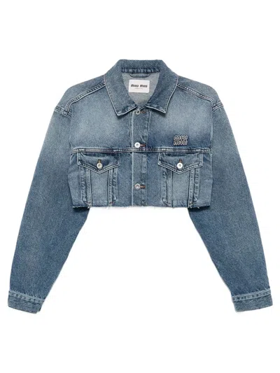Miu Miu Logo-embroidered Cropped Denim Jacket In Blue