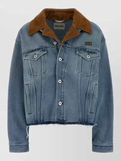 Miu Miu Denim Jacket Chest Pockets Contrast Collar In Blue