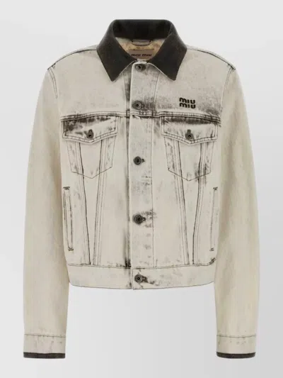 Miu Miu Denim Jacket Contrast Collar Front Pockets In Neutral