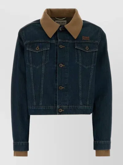 Miu Miu Denim Jacket Long Sleeves Contrast Collar Pockets In Blue