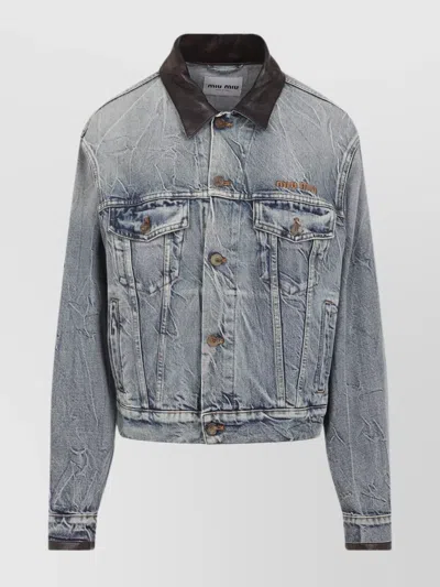 Miu Miu Denim Jacket With Lamb Leather Collar In Blue