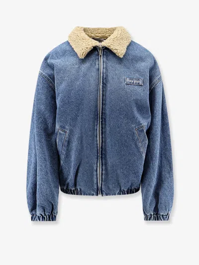 Miu Miu Denim Jacket With Lettering Logo Patch In Black