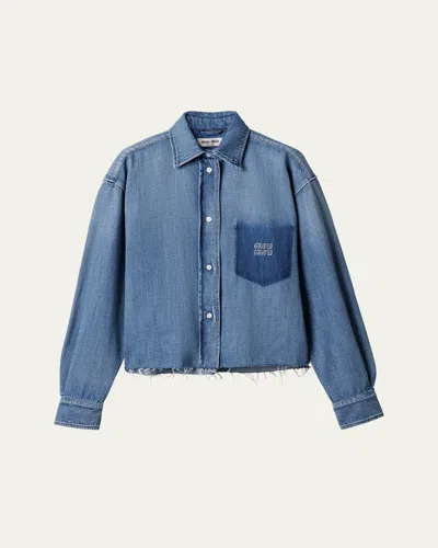 Miu Miu Denim Long-sleeve Crop Button-down Shirt In Blue