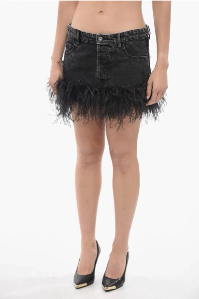 Miu Miu Denim Miniskirt With Ostrich Feathered Bottom In Black