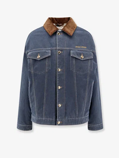 Miu Miu Denim Padded Jacket With Corduroy Collar In Blue