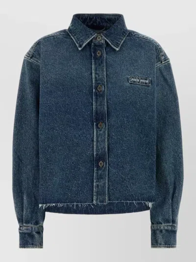 Miu Miu Womens Cropped Frayed-edge Denim Shirt Bleu In Blue