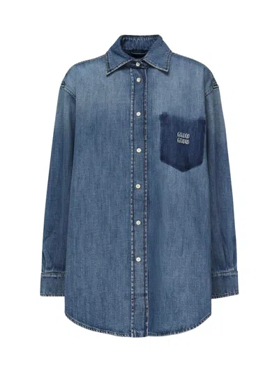 Miu Miu Denim Shirt With Logo In Blue