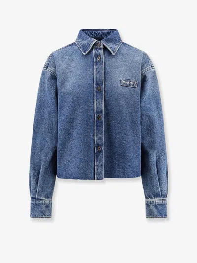 Miu Miu Denim Shirt With Logo Patch In Blue