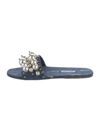 Pre-owned Miu Miu Denim Studded Accents Slides In Blue