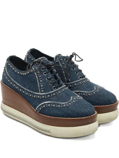 Pre-owned Miu Miu Denim Studded Derby Shoes In Blue