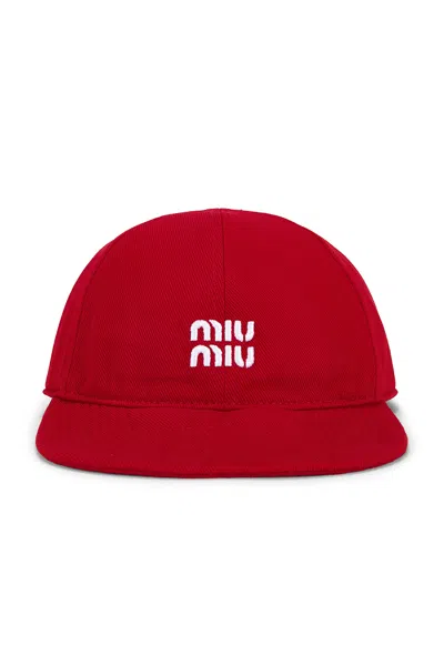Miu Miu Denim Washed Baseball Cap In Red